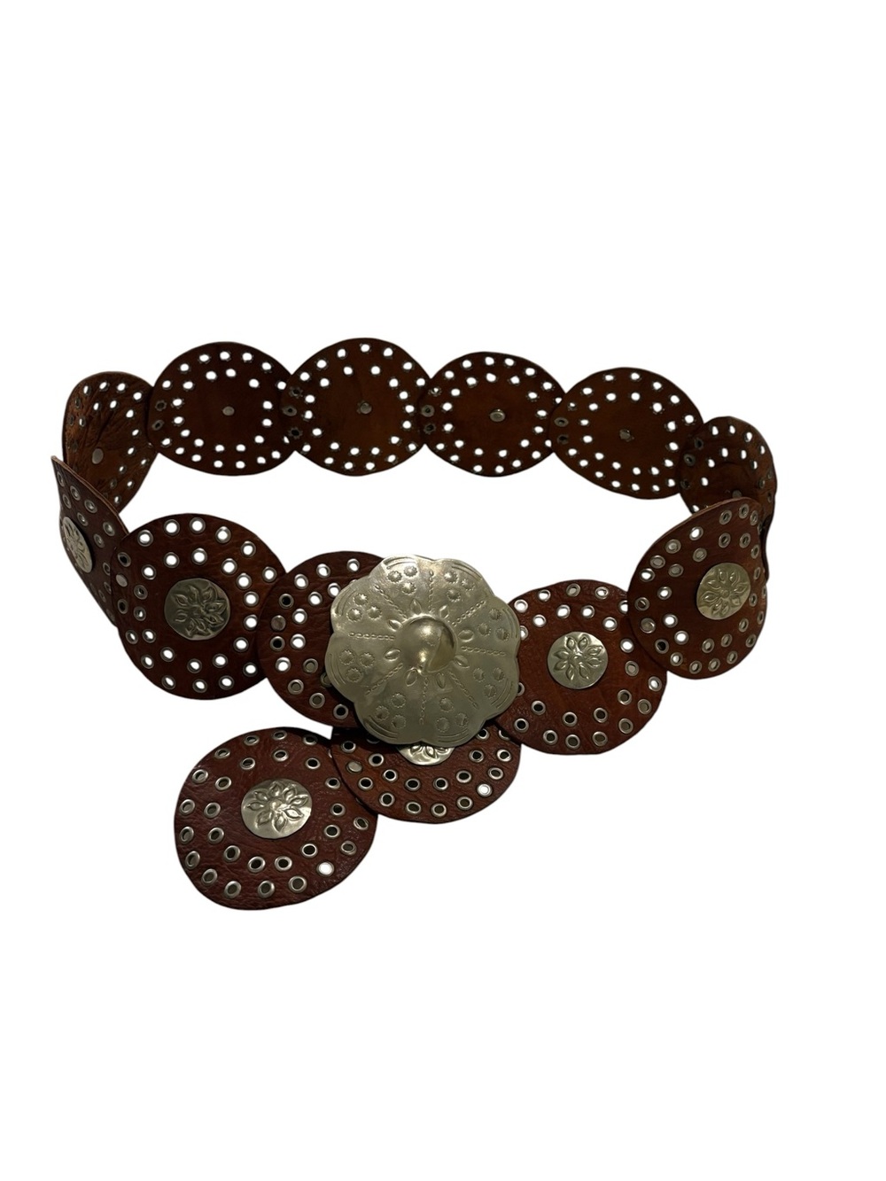 Vintage Handmade Moroccan Bohemian Leather Silver Concho Disc Belt